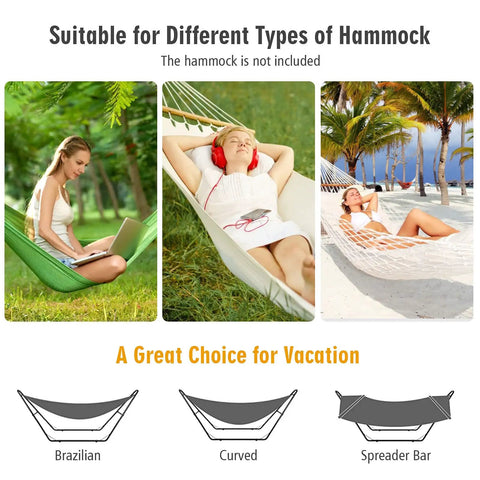 Heavy Duty Steel Hammock Stand For Indoor And Outdoor Use Yard Ready Fits 9 To 13 Foot Hammocks With 450 Pound Capacity Two Adjustable Chains And S Hooks Universal Frame For Brazilian And Spreader Bar Hammocks, showing hammock types