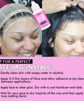 Woman applying Extreme Hold Lace Wig Glue Waterproof Bonding Adhesive For Wigs With Clear Drying Formula step-by-step guide.