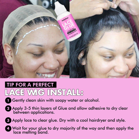Woman applying Extreme Hold Lace Wig Glue Waterproof Bonding Adhesive For Wigs With Clear Drying Formula step-by-step guide.