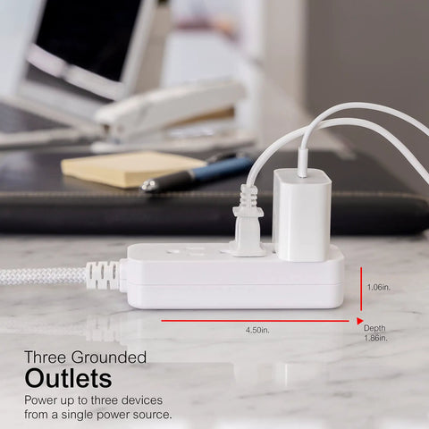 Three Outlet Power Strip With Eight Foot Braided Extension Cord Grounded Surge Protector Flat Plug ETL Listed White Gray Chevron Fabric Cord For Laptops Desktops TVs Gaming Consoles And More Plug In Ready
