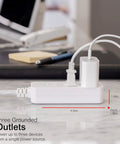 Three-Outlet Power Strip with Surge Protection on desk, 8 ft braided cord, white, powering devices, home office setup.
