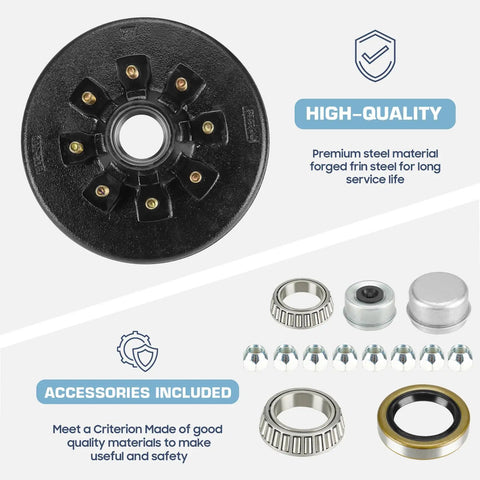 Beefed Up Heavy Duty Trailer Brake Drum Kit With Eight Hole 6.5 Inch Bolt Circle For 7000 Lbs Axles Replacement Brake Hub Drum Assembly