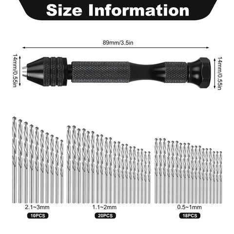 Complete 59 Piece Micro Hand Drill Bit Kit With Pin Vise 48 Small Twist Drill Bits And 10 PCB Cutting Bits shown with size info