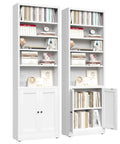 Slick 7 Tier Metal Bookcase 71 Inch White With Doors Industrial Display Shelf Unit in living room setting