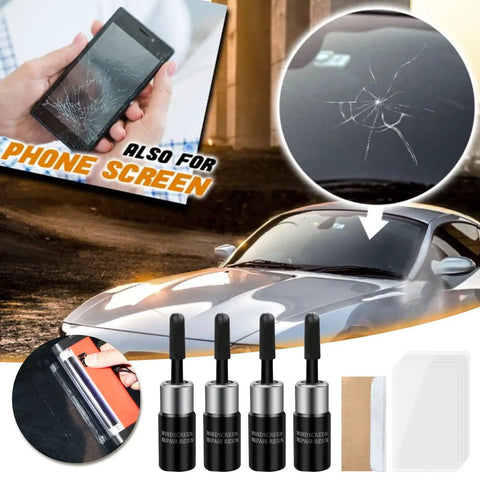 Car Windshield Crack Repair Kit With Nano Glass Repair Fluid, No Fuss Quick Fix, 4 Piece Portable Glass Repair Set