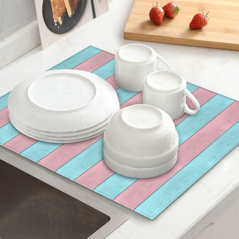 Pink Green Wood Grain Print Dish Drying Mat For Kitchen Counter with white dishes and cups, ultra absorbent, 16x18 inches