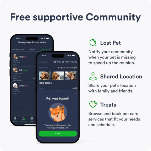 Dope Dog GPS Tracker With Real Time 4G LTE Location Tracking and Smart Geofence Alerts, showing app interface for lost pet notifications and location sharing.