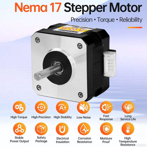 NEMA 17 stepper motor with silver front plate, black body, and white 4-wire connector.