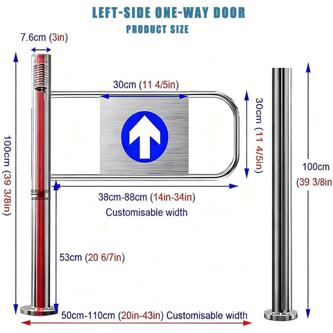 Hella Sturdy Stainless Steel Self Closing Swing Gate For Storefronts With Slick Auto Spring Feature And Reliable One Way Pedestrian Entry For No Sweat Commercial Traffic Management size diagram.