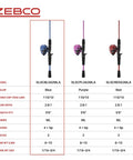 Three Zebco spincast reels and rod combos, each with a 5'6" two-piece fiberglass rod, size 30 reel, in blue, purple, and red colors.