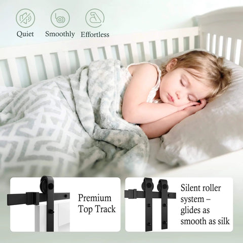 Sleeping child in crib, emphasizing quiet glide of 28 Inch By 80 Inch Preassembled Solid Core MDF Sliding Barn Door Kit.