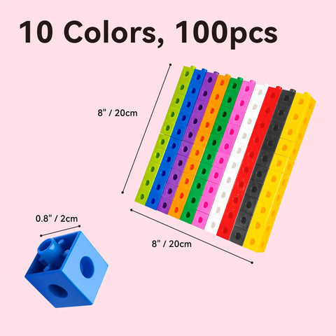 100 Piece Math Linking Cubes Set For Kids Ages 3 To 8 Colorful Counting Cubes in 10 colors, dimensions 8x8 inches.