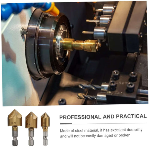 POPETPOP 3pc flute steel chamfering cutters with hex shank installed in a metal lathe for woodworking