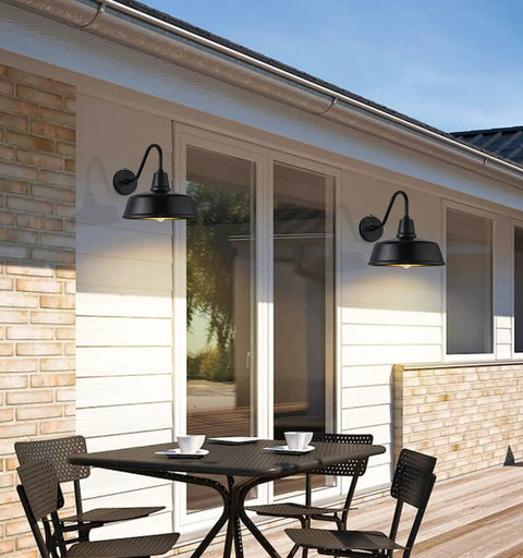 Outdoor Dusk To Dawn Gooseneck Lights Two Pack IP65 Waterproof Rust Resistant on porch wall above table setting