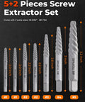 5+2 Pieces Screw Extractor Set showing seven steel extractors of various sizes labeled with measurements.