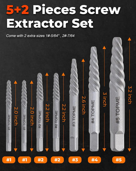 5+2 Pieces Screw Extractor Set showing seven steel extractors of various sizes labeled with measurements.