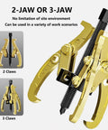 Heavy Duty Bearing Puller With Swappable Two Or Three Jaw Config For Zero Hassle Flywheel And Gear Removal In 10 Inch 5 Ton High Carbon Steel, showing 2 and 3 jaw options.