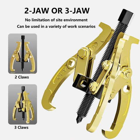 Heavy Duty Bearing Puller With Swappable Two Or Three Jaw Config For Zero Hassle Flywheel And Gear Removal In 10 Inch 5 Ton High Carbon Steel, showing 2 and 3 jaw options.