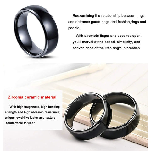 RFID UID Ring 125kHz and 13.56MHz black ceramic smart finger ring for access control featuring zirconia ceramic material.