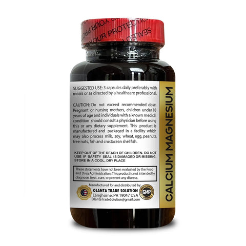 Side view of Calcium Magnesium Complex With Vitamin D And Boron For Strong Bones, Nerves, And Muscles, 100 capsules bottle label.