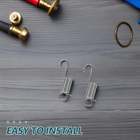 Top Notch 12-Piece Mini Stainless Steel Extension Springs Kit With Secure Hooks And Wire Pulling Clips For Quick Graphic Swaps On Display Boards Perfect For Shop Repairs And Tough Industrial Jobs With Durable Galvanized Metal For Maximum Stability. Two mini stainless steel extension springs with hooks on gray wood