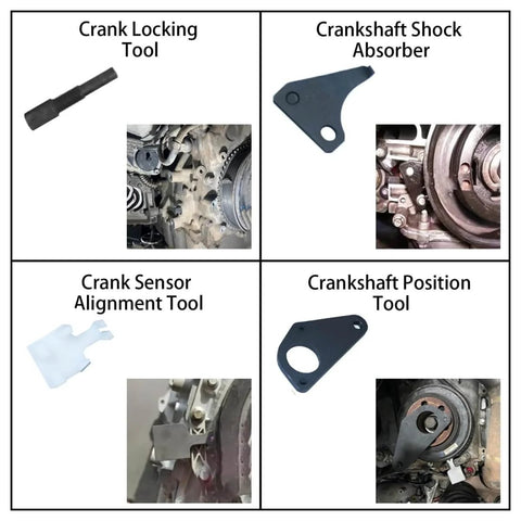 Gearhead Grade Camshaft Timing Tool Kit for Ford EcoBoost shown with crank locking tool, crankshaft position tool, and sensor alignment parts.
