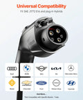 Close-up of a J1772 EV charger plug showing compatibility with multiple electric car brands.