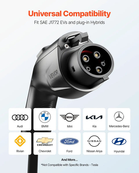 Close-up of a J1772 EV charger plug showing compatibility with multiple electric car brands.