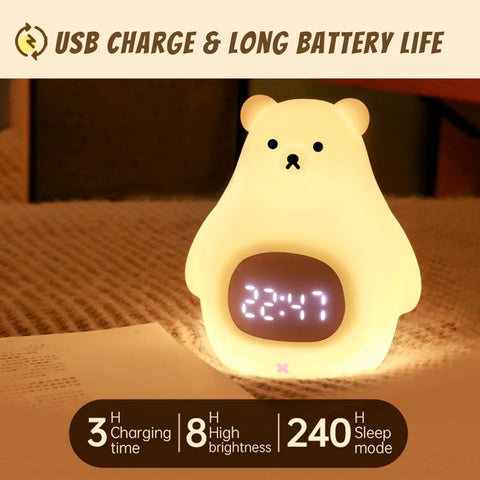 Cute Bear Night Light For Kids, Soft BPA-Free Silicone Nursery Lamp with digital clock display showing 23:47 on a cozy surface.