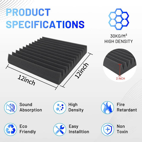 Dope Soundproof Foam Panels 36 Pack High Density Acoustic Wedges Self Adhesive Noise Fighting Tiles For Home Studio Office Game Room Setup Quieten Any Space Smooth Wall Decor, 12x12 inch black foam wedge.