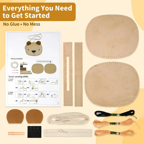 Little Bear DIY Sewing Kit For Beginners Kids Arts And Crafts Plush Crossbody Bag With Zipper Learn To Sew And Felt Embroidery No Mess Starter Stitch Kit components including sewing materials, instructions, and fabric pieces.