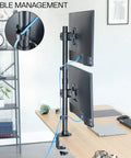 Beefy Dual Monitor Desk Mount With Height Adjustment And Vesa Plates For Two Ultrawide Lcd Screens Up To Thirty Four Inches Vertically stacked with cable management.