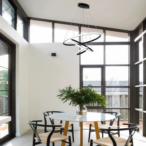 Cool Black LED Chandelier With 3 Color Temps 3000K 4000K 6000K, 60W Hanging Light Fixture above a modern dining table