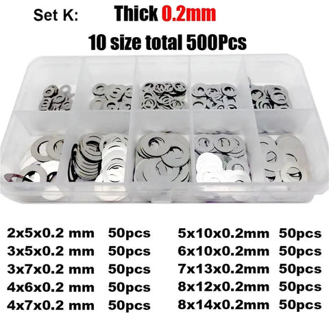 Ultra Thin Stainless Steel Flat Washer Set M2 M3 M4 M5 M6 M7 M8 Made From 304 Stainless, 500 750 1200 Pcs Assortment Kit, Slim Shim Gasket Pack For Quick Builds, Corrosion Resistant, Space Saving And Easy Fit. 0.2mm washer kit in storage box
