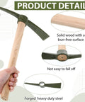 Hand holding an Eight Piece 14 Inch Heavy Duty Forged Garden Pick Axe Set With Non Slip Handles, solid wood handle and steel head.