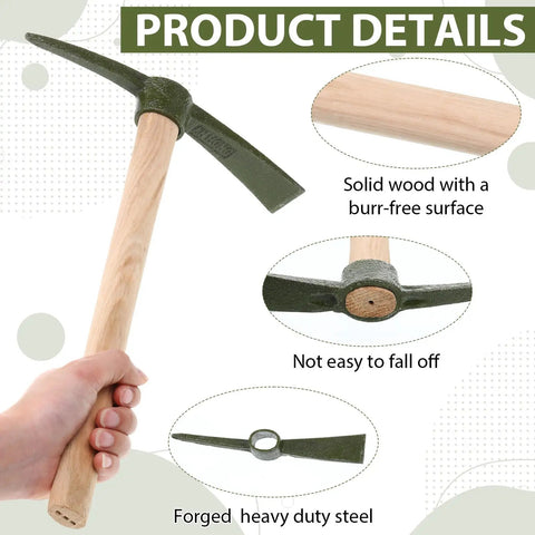 Hand holding an Eight Piece 14 Inch Heavy Duty Forged Garden Pick Axe Set With Non Slip Handles, solid wood handle and steel head.