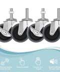 Heavy Duty Three Inch Gray Swivel Caster Wheels Set Of Four With Side Lock Brakes And Three Eighth Threaded Stem close-up view of wheels.