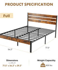 Built Different Full Size Platform Bed Frame With Solid Wood Headboard And Footboard Heavy Duty Steel Slats Holds 800 Lbs, showing dimensions and design.