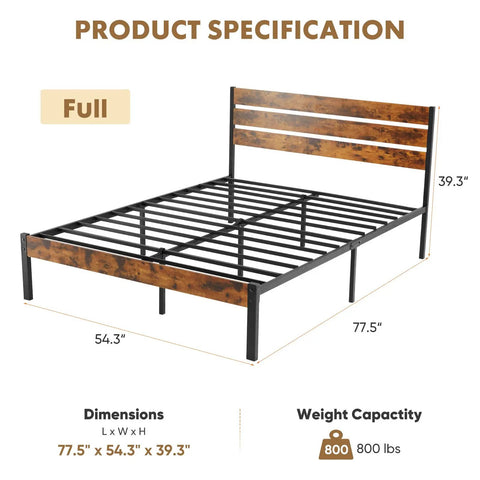 Built Different Full Size Platform Bed Frame With Solid Wood Headboard And Footboard Heavy Duty Steel Slats Holds 800 Lbs, showing dimensions and design.