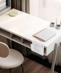 Clamp On White Steel Laptop Stand With Ventilated Cooling Fan And Sleek Cable Routing For Under Desk Mount Quick No Drill Installation on a modern workspace desk.