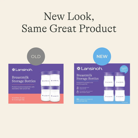 Soft Anti Colic Nipples For Everyday Bottle Feedings Paired With 5 Oz Breastmilk Storage Bottles In A Four Pack For No Sweat Pumping And Cool Freezer Stash. New packaging comparison of Lansinoh bottles.