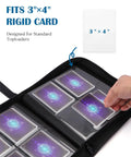 Top Loader Binder 4 Pocket For 144 Toploaders With Side Loading And Zipper Closure PU Leather Ringless 2x2 Card Binder For MTG TCG Sports Games 3x4 Inch Rigid Cards Black Pro Grade, showing hand placing 3x4 inch card in pocket.