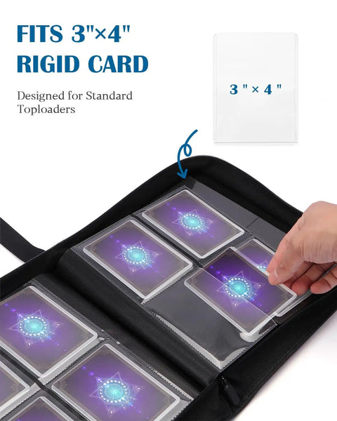 Top Loader Binder 4 Pocket For 144 Toploaders With Side Loading And Zipper Closure PU Leather Ringless 2x2 Card Binder For MTG TCG Sports Games 3x4 Inch Rigid Cards Black Pro Grade, showing hand placing 3x4 inch card in pocket.