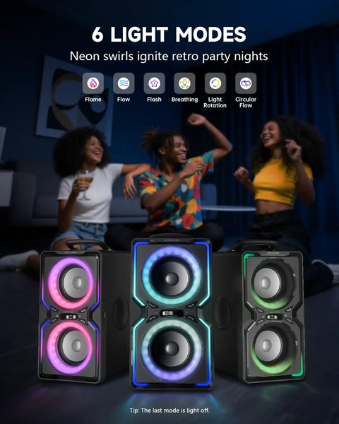 Beast 240W Peak Bluetooth Party Speaker with deep bass, TWS wireless stereo, three speakers with vibrant light modes.