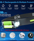 Close-up of rechargeable headlamp flashlight showing battery size, USB-C charging, protection features, and charging options.