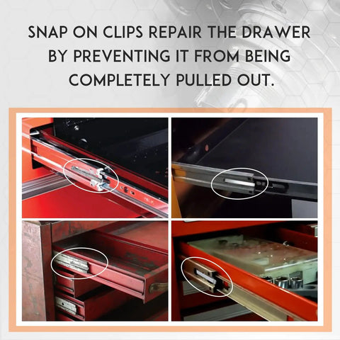 1-5/8 Inch Drawer Slide Retainer Clips Universal Fit securing old school toolbox drawers in image collage