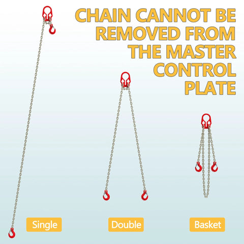 WowDIY lifting chains with adjuster hooks, 5/16 in x 10 ft, 7000 lb capacity; single, double and basket chain setups.