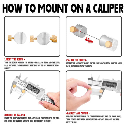 Instructions for mounting Bullet And Headspace Gauge Comparator Kit With Fourteen Inserts And Six Bushings on caliper