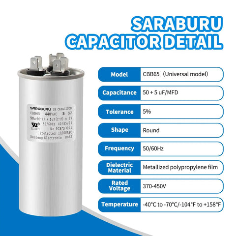 CBB65 Dual Run Capacitor 50 Plus 5 UF 370V 440VAC Replacement For Air Conditioner HVAC Condenser And Heat Pump Motors