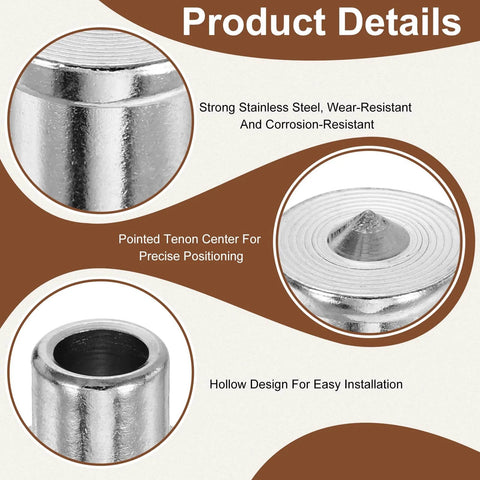 Close-up of 10 Pack Hollow Dowels and Tenon Center Transfer Plugs Three Eighth Inch Dowel Centering Pins Drilling Hole Tool showing pointed tip and hollow design.